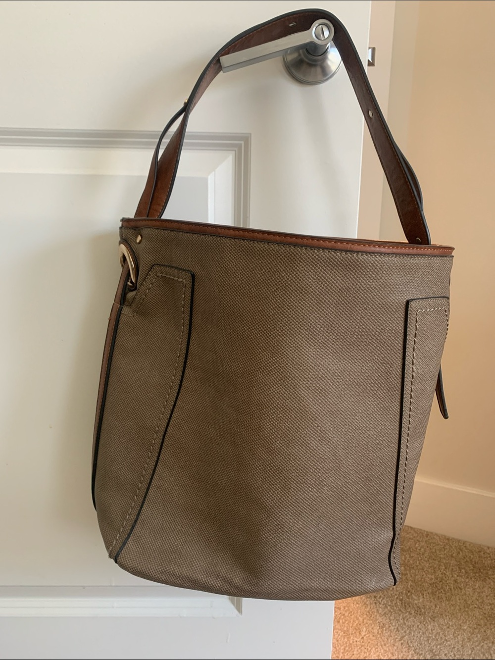 Taupe Canvas Shoulder Bucket Bag with Brown Leather Trim and gold hardware